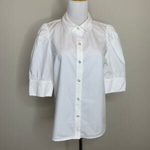 Charter Club White Puff Sleeve Blouse Pearl Gold Buttons Sz Medium
